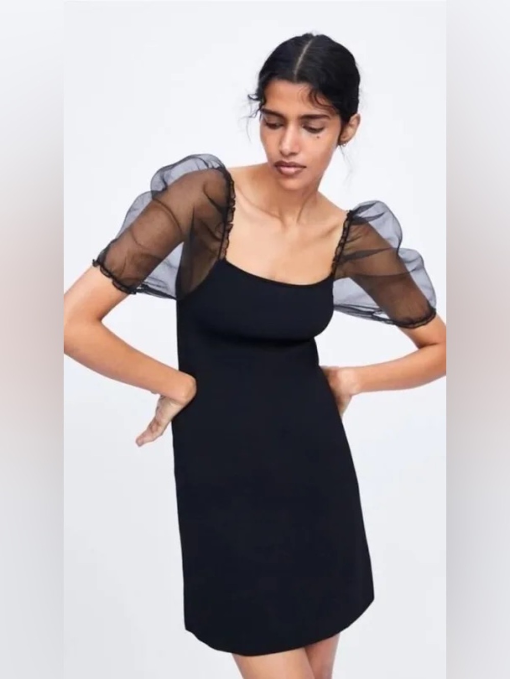 Zara Sheer Puff-Sleeve Black Mini Dress